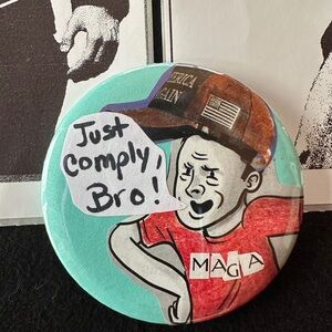 Hand made art collage Political Cartoon Button with Red and Blue Design